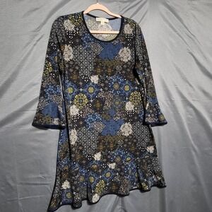 MICHAEL Michael Kors Dress Womens XL Blue Patchwork Swing Ruffle Hem Knit Boho